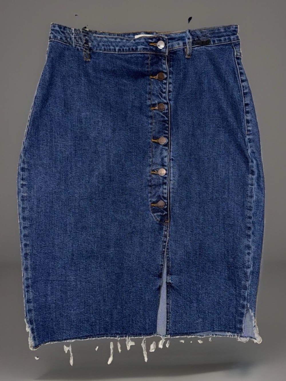 Nature Denim blue denim midi skirt with button front and frayed hem size Larg